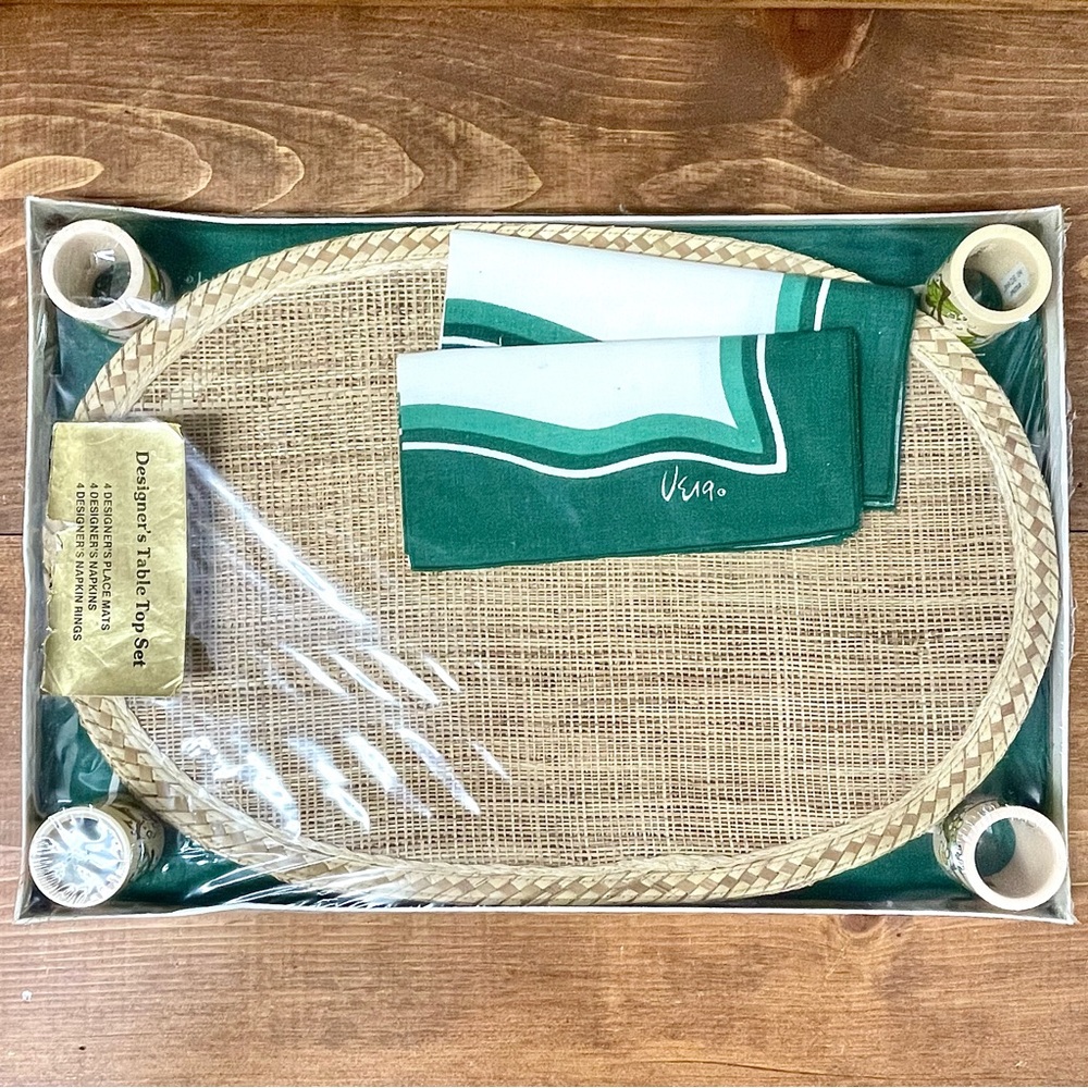 Wicker Placemat and Napkin Set with Green Accents